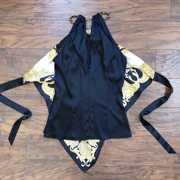 Cache • vintage silk scarf top halter neck chain black white gold versace - Picture 8 of 12